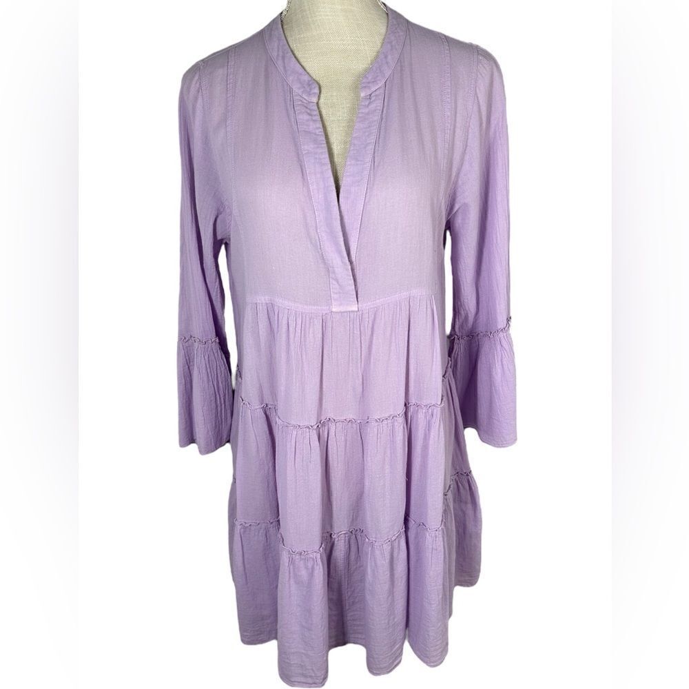 Devotion TWINS Lavender Purple Ella Tiered 3/4 Sleeve Boho Mini Dress - Picture 2 of 8